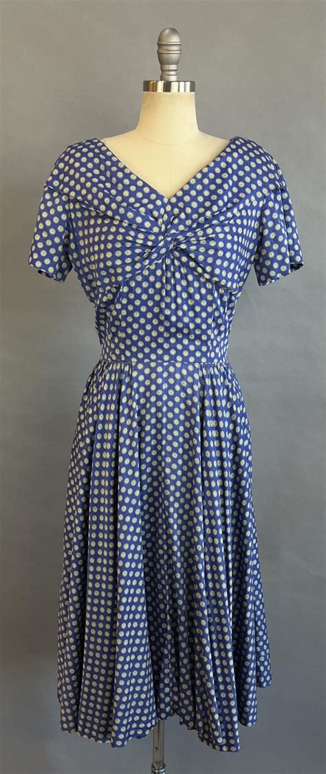 1950s fit and flair dress blue and green cotton day d… gem