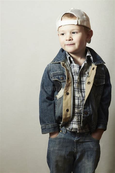 Child Funny Little Boy In Jeans Trucker Cap Joy Fashionable Kid