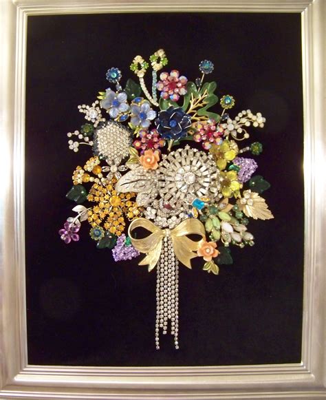 Mixed Media Collage Jewelry Art Framed Jewelry Bouquet Of Vintage Brooches And Jewelry Parts