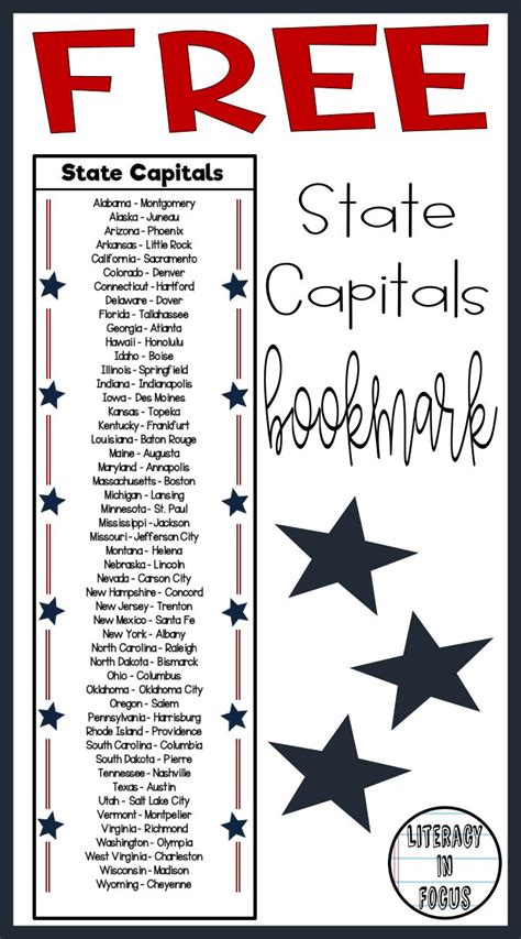 Free State Capitals Bookmark All 50 States And Corresponding Capitals