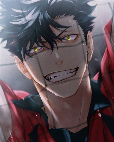 A Man With Black Hair And Yellow Eyes Wearing A Red Shirt Looking At