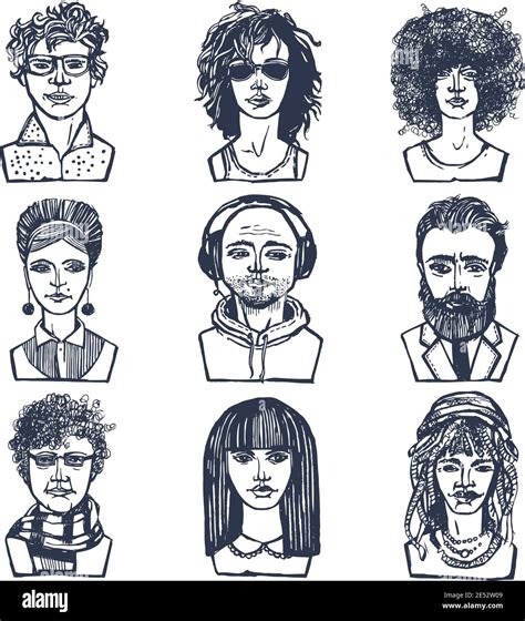 Sketch Grunge Males And Females People Portraits Set Isolated Vector