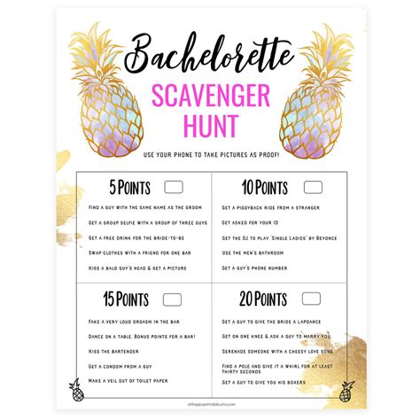 bachelorette scavenger hunt pineapple bachelorette party games ohhappyprintables