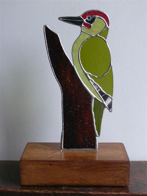 Stained Glass Green Woodpecker On Wood Dragonfly Glass Art