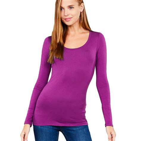 Snj Women S Long Sleeve Scoop Neck Fitted Cotton Top Basic T Shirts Plus Size Available Fast