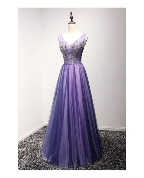 Stunning A Line V Neck Floor Length Tulle Prom Dress With Beading