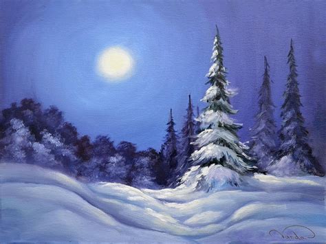 Winter Night Landscape Painting By Vanda Bleavins