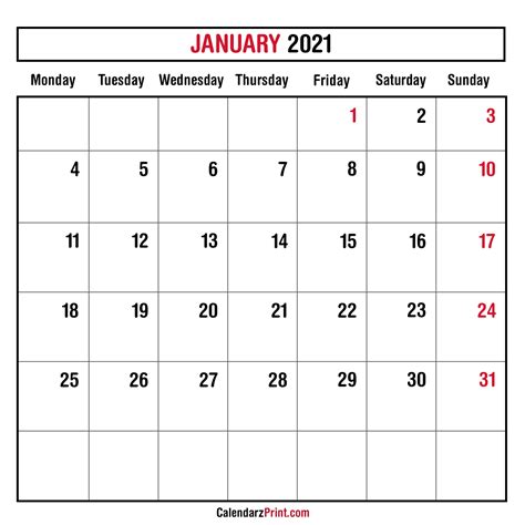 The year 2021 is a common year, with 365 days in total. January 2021 Monthly Planner Calendar, Printable Free ...