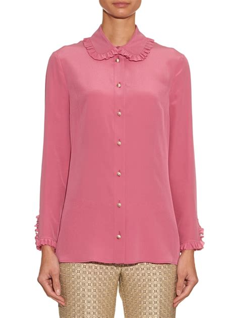 Lyst Gucci Ruffle Trimmed Silk Crepe Blouse In Pink