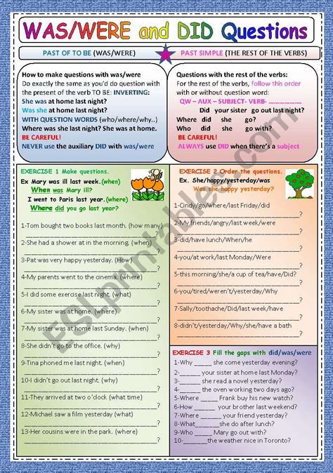 Was Were And Did Questions 2 Esl Worksheet By Traute