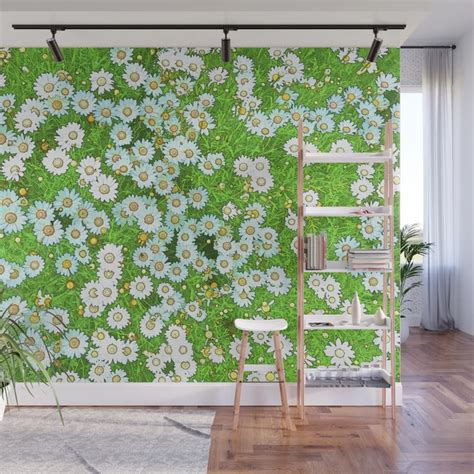 A Green Wallpaper With White Daisies And Blue Flowers In The Center On