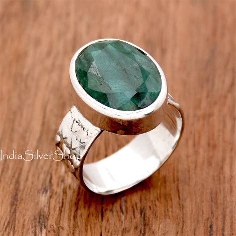 Indian Emerald Ring Handmade Ring Sterling Silver Ring Oval Etsy