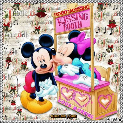 mickey and minnie kissing each other in front of a mirror with hearts on the floor