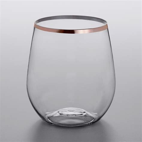 Gold Visions 12 Oz Clear Plastic Stemless Wine Glass With Rose Gold Rim 16 Pack