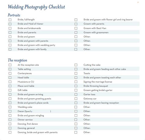 They can be in the form of a checklist or a chart, and will enable you to keep track of the shots that must be filmed. FREE 6+ Sample Wedding Planning Checklists in PDF | MS Word | Google Docs | Pages