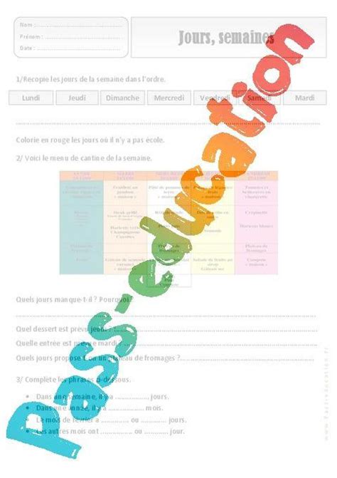 Jours Semaines Mois Ce1 Exercices Espace Temps Cycle 2 Par