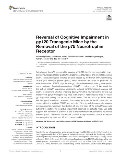 Pdf Reversal Of Cognitive Impairment In Gp120 Transgenic Mice By The