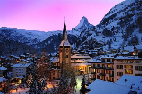 Zermatt Switzerland Snow Mountains Buildings Town Nature Alps