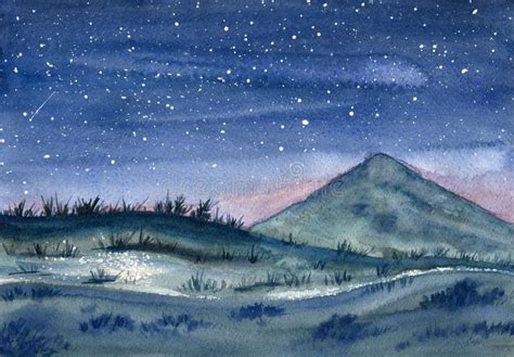 Painting X Hand Painted Watercolor Landscape Painting Of Mountain View At Night Art