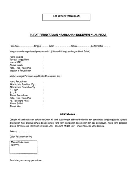 Yang bertanda tangan di bawah ini Surat Pernyataan Keabsahan Dokumen Kualifikasi - Company Profile