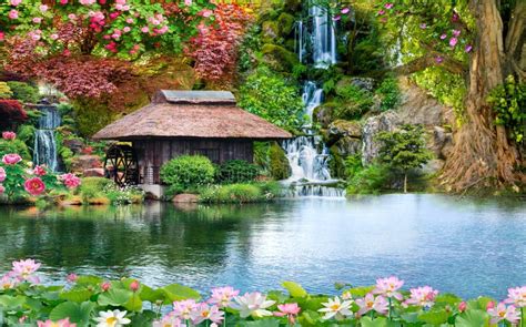 Flower Gardens And Waterfalls Paradise Landscape And Waterfall With