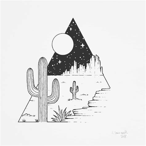 A Black And White Drawing Of A Desert Scene With Cactus Mountains And