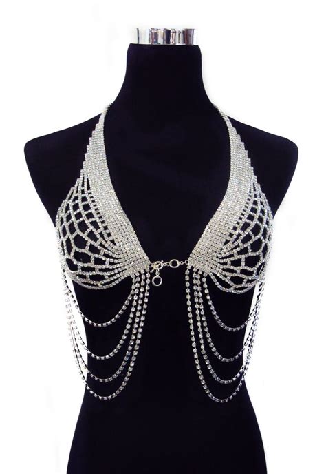 Details About Rhinestone Crystal Bra Halter Chain Top Burlesque Swag Checker Dance Lingerie