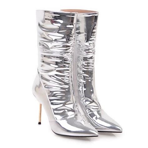 silver mirror mid long knee pointed head high stiletto heels