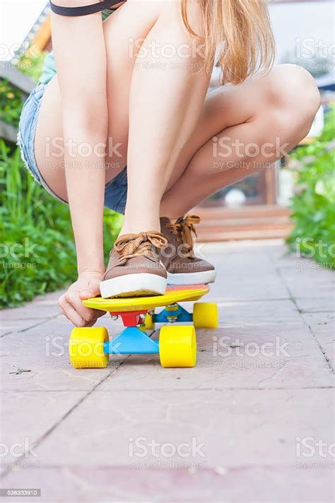Closeup Skateboarder Riding By Skateboard Outdoor Skatebord At City