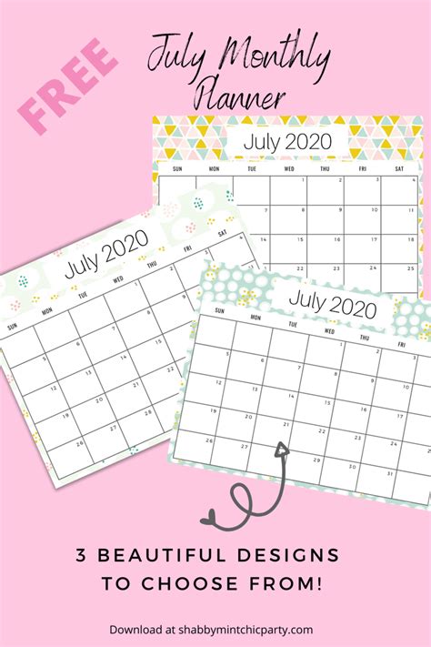 July Monthly Calendar Freebie Printable Shabby Mint Chic Party