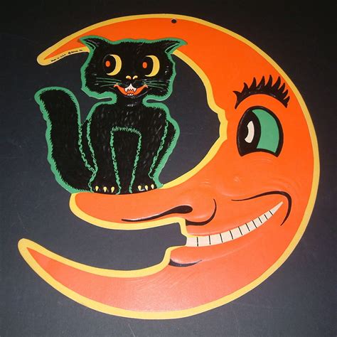 Vintage Retro Halloween Clip Art Moon Face And Black Cat Retro