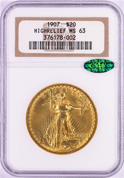 1907 High Relief 20 St Gaudens Double Eagle Gold Coin Ngc Ms63 Cac