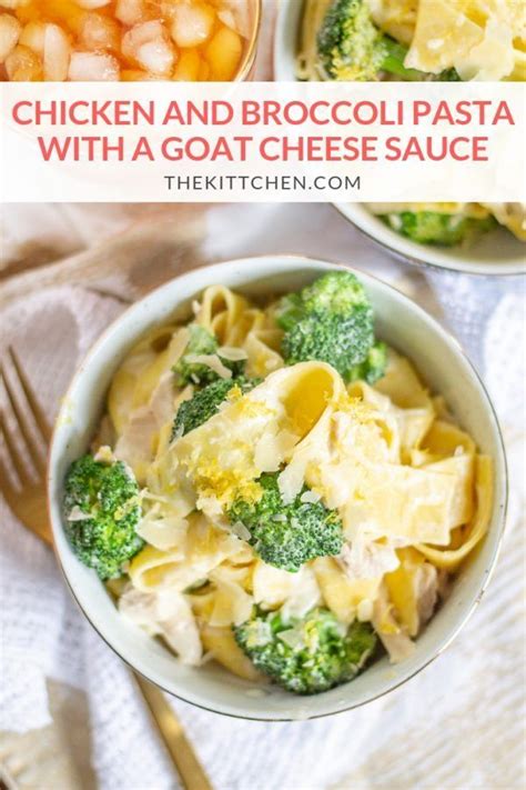Chicken And Broccoli Pasta With A Goat Cheese Sauce In Two Bowls On A Table