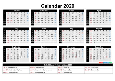 Yearly, monthly, landscape, portrait, two months on a page, and more. Free Printable 2020 Calendar with Holidays as Word, PDF ...