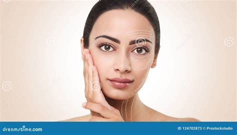 Lines For Face Contouring With Makeup On Models Face Stock Image