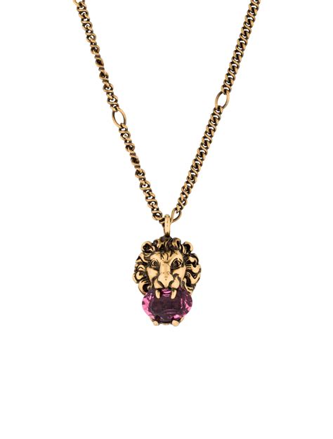 Gucci Lion Head Necklace With Crystal Gold Tone Metal Pendant