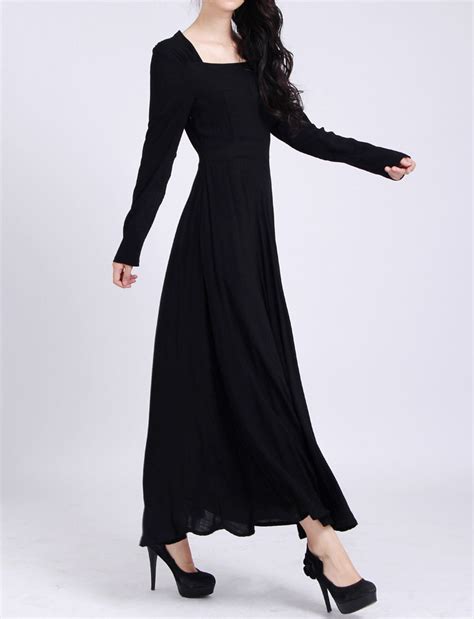Black Full Dress Long Sleeve Linen Dress Cotton Linen Maxi Dress With Big Sweep On Luulla