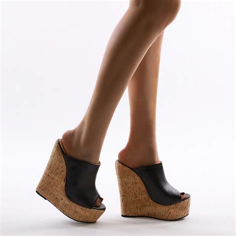 Shoes Women Cork Wedge Sandals Sky High Platform Mules High Heel Slipper Black Ebay