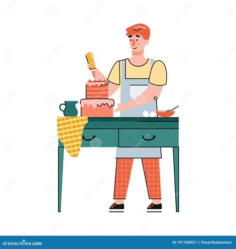 Man Cartoon Character Baking And Decorating A Cake Vector Illustration