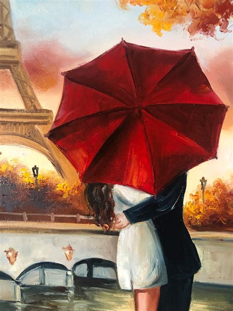 Paris Romance Wall Art Red Umbrella Eiffel Tower Original Oil Etsy