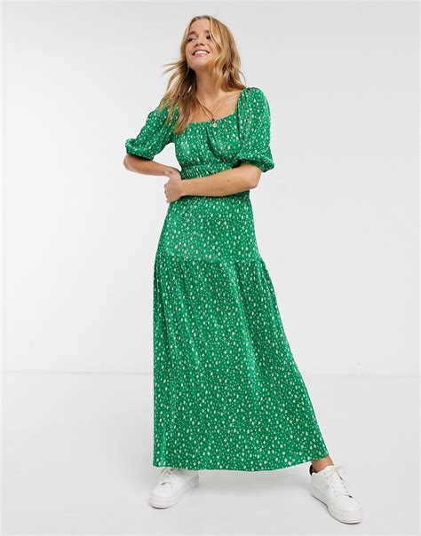 Asos Design Plisse Maxi Dress In Green Floral Ditsy Print Multi Modesens