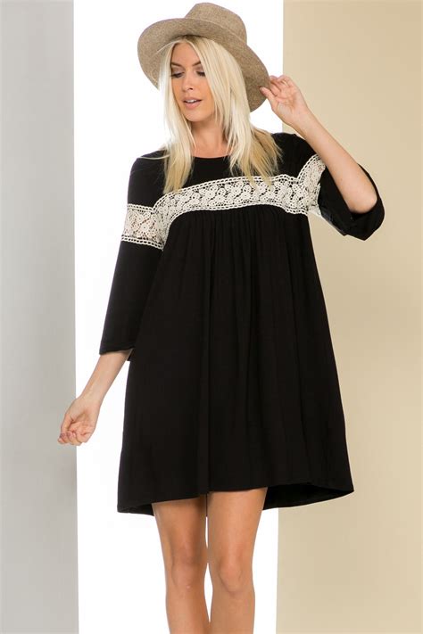 Knit Crochet Trim Tunic Black Dress Bell Sleeve Dresses Black