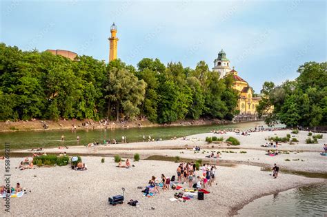 Teenagers Sunbathing At The Isar River Munich Bavaria Germany Teenagers Sunbathing At The