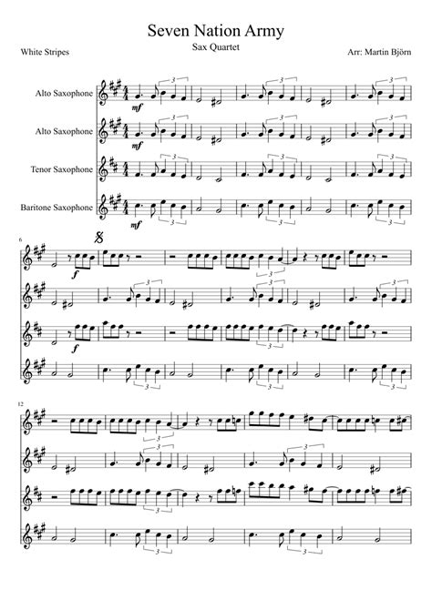 Seven Nation Army Sax Quartet Short Sheet Music For Saxophone Alto