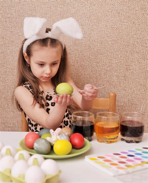 Little Girl Painting Easter Eggs At Home Stock Image Image Of Little