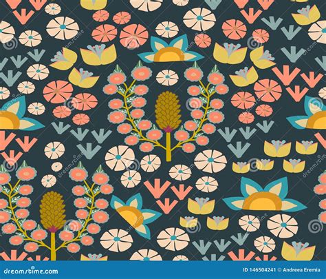 Colorful Vintage Flowers On A Dark Background Stock Illustration