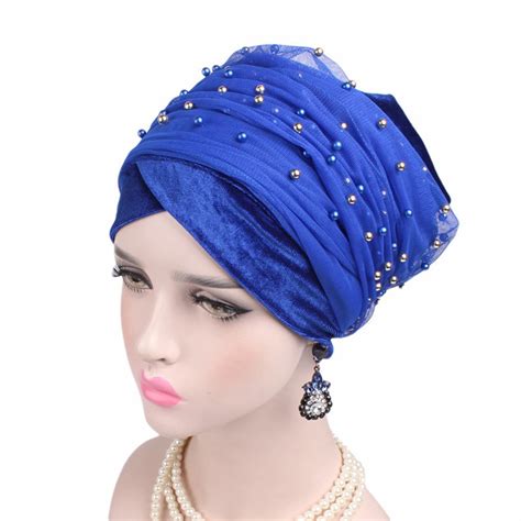 women luxury beaded pearled velvet long head wrap muslim turban hair loss mesh hijab indian head