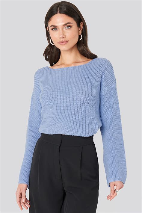 Cropped Long Sleeve Knitted Sweater Bleu Na Kdfr