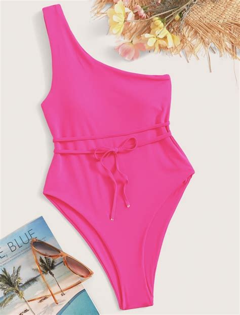 Neon Pink One Shoulder Belted One Piece Swimsuit One Piece One Piece