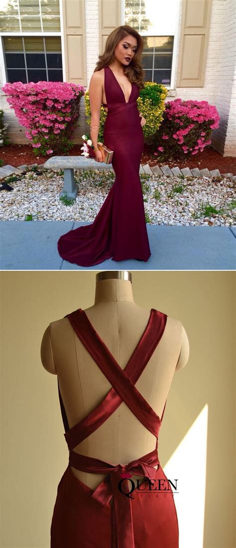 Sexy Wine Red Silk Satin Deep V Neck Mermaid Long Evening Gown Sweep Train Prom Dress With Bow
